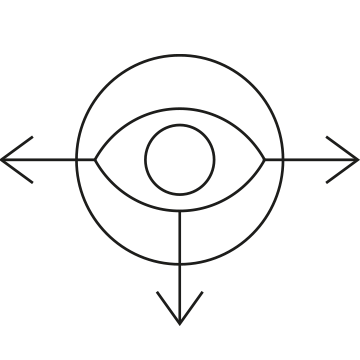 Icon showing an eye in a circle with three arrows - left, down and right.