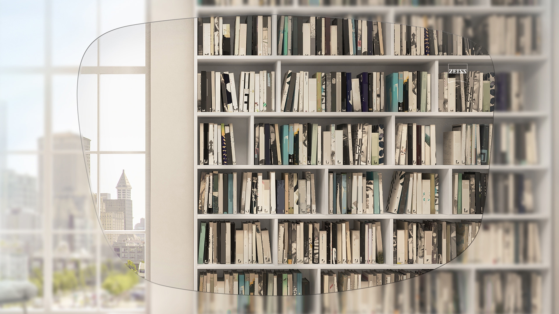 View through ZEISS Single Vision Individual Lens at book shelf and window 